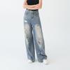 Womens Distressed Ripped Jeans Straight Leg Loose Fit High Street Style Denim Pants