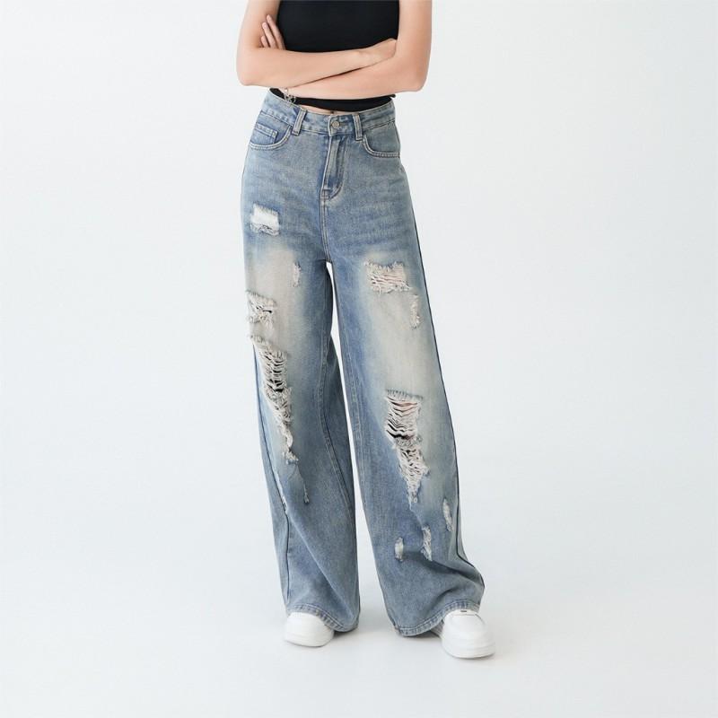Womens Distressed Ripped Jeans Straight Leg Loose Fit High Street Style Denim Pants