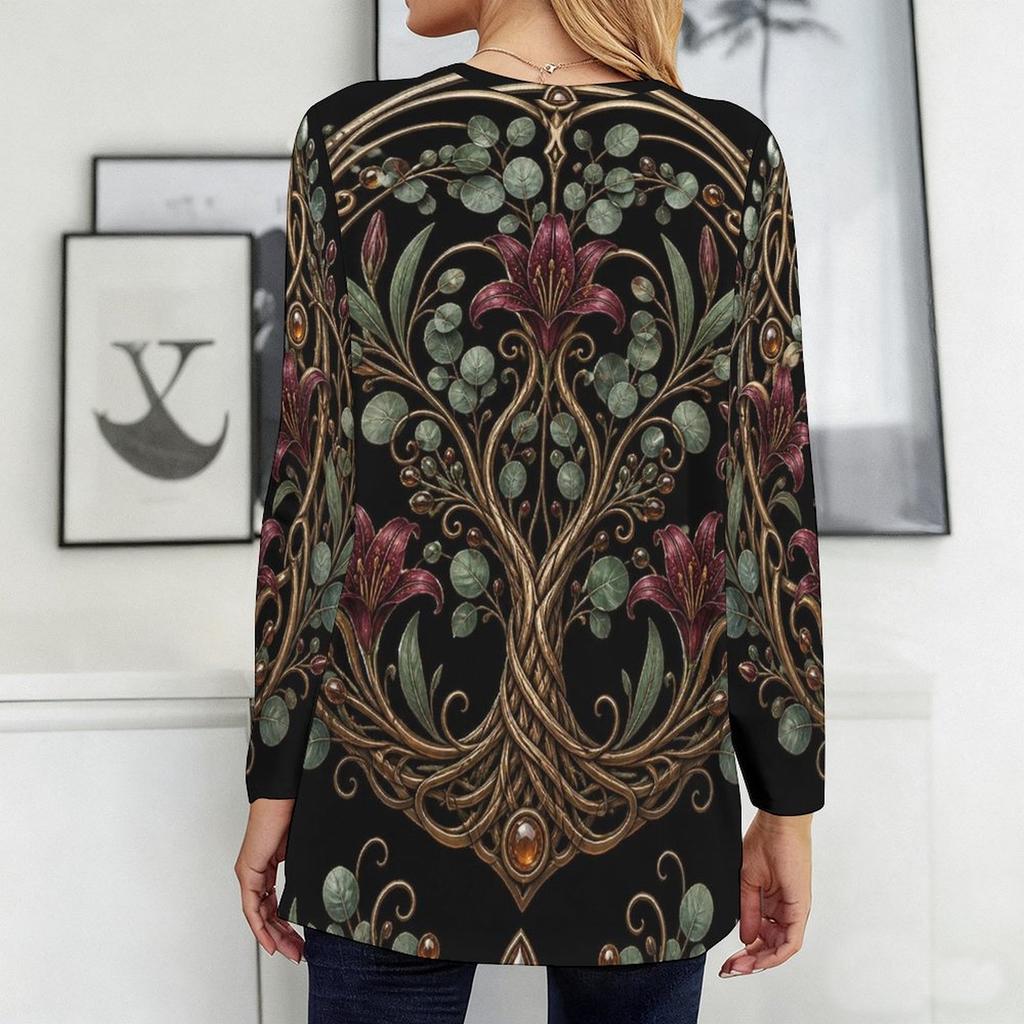 Women Plus Size Round Neck Long Sleeve Black Gold Green Printed Longline T Shirt With Pockets