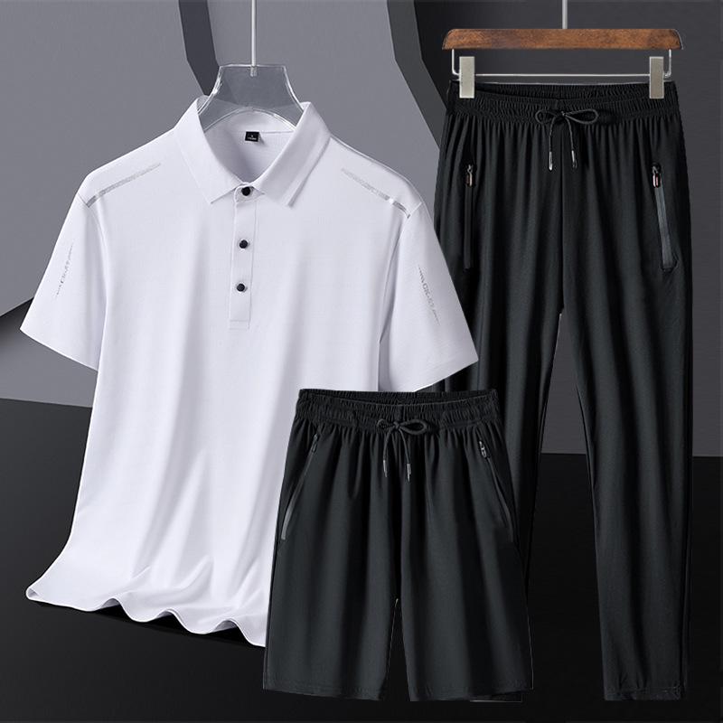 Men's Summer Ice Silk Sportswear Set: POLO Shirt, Short Sleeve, and Trousers, Plus Size, Three-Piece Set.