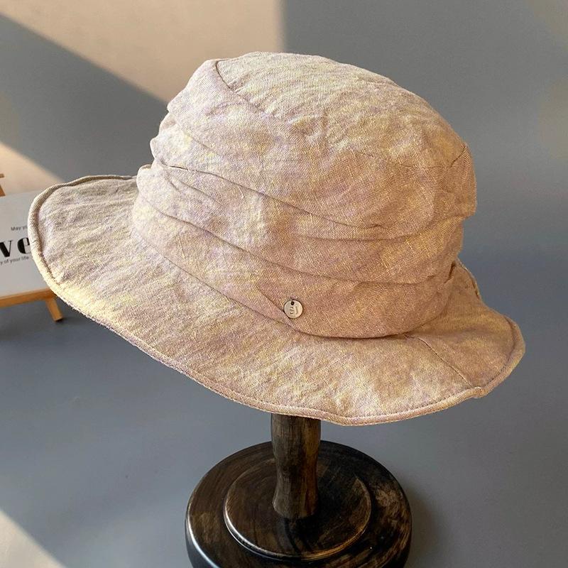 Zealous Sole Women's Coffee Korea Style Linen Premium Pleated Bucket Hat Designer Japanese Breathable Retro Big Eaves Linen Visor Sun Hat 56-58Cm