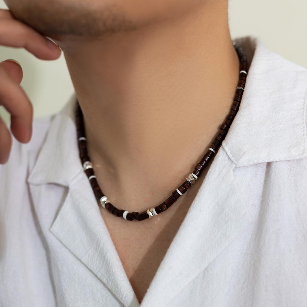 Wood Bead Splicing Necklace for Men Trendy High-End Bohemian Style Soft Ceramic Piece Collarbone Chain for Men