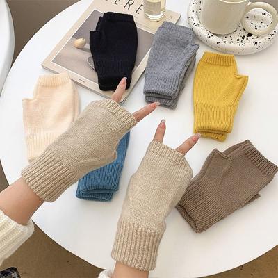 Female Autumn Thick Wool Fingerless Mittens Knitted Gloves Half-finger