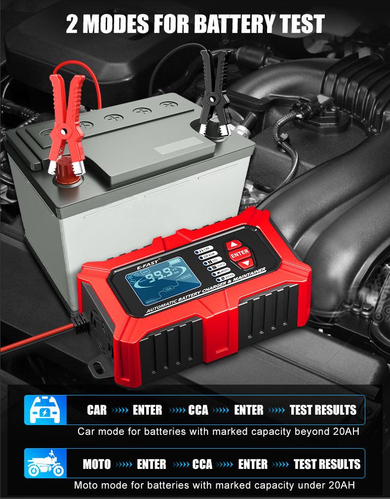 E-FAST 12V Battery Tester & Analyzer for Car/Motorcycle - Lead-Acid & Lithium-Iron Fast Charger