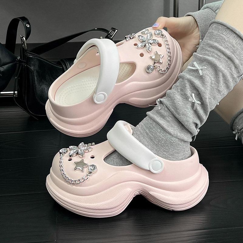 Baotou slippers versatile women's shoes spring and summer new rhinestone heightening non-slip new thick-soled hole shoes women