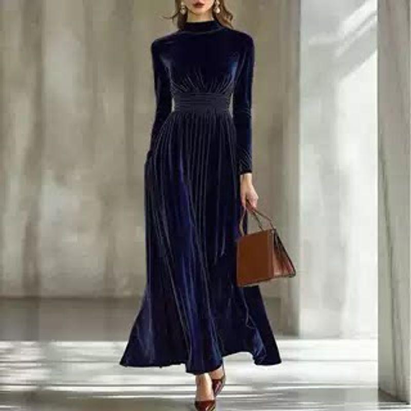 New Semi High Neck Waist Cinching Temperament Long Dress Navy Blue [Spot] XL