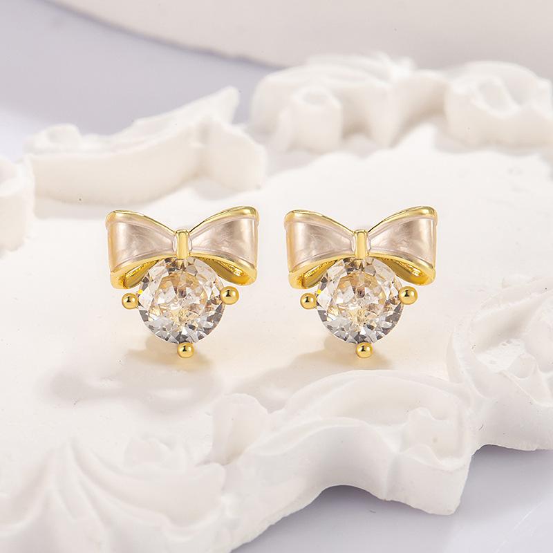 French Retro Cute Mini Bow Zircon Stud Earrings Women's Super Flash Sweet Little Fresh Ear Jewelry