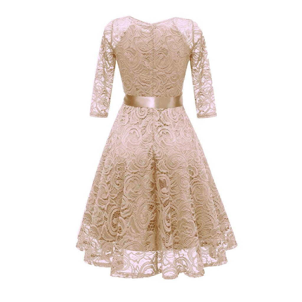 Dámská móda Vintage retro tenké večerní šaty s krajkovým výstřihem do V s dlouhým rukávem