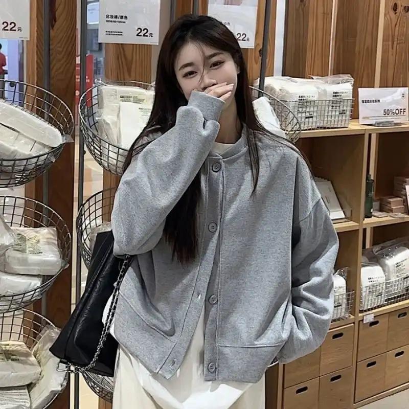Korean Fashion Versatile Baseball Uniform Sweatshirt Jacket for Women Spring and Autumn Loose Stand-up Collar Cardigan Top