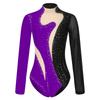 Women Long Sleeve Rhinestones Mesh Gymnastics Leotard Bodysuit Ice Skating Jumpsuit