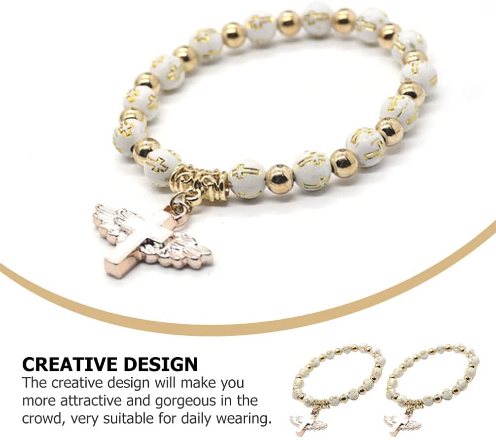 Exquisite Angel Wing Cross Rosary Bracelets Bronzing Acrylic Baptism Stretch Beaded Bracelets for Women Girls Religious Gift