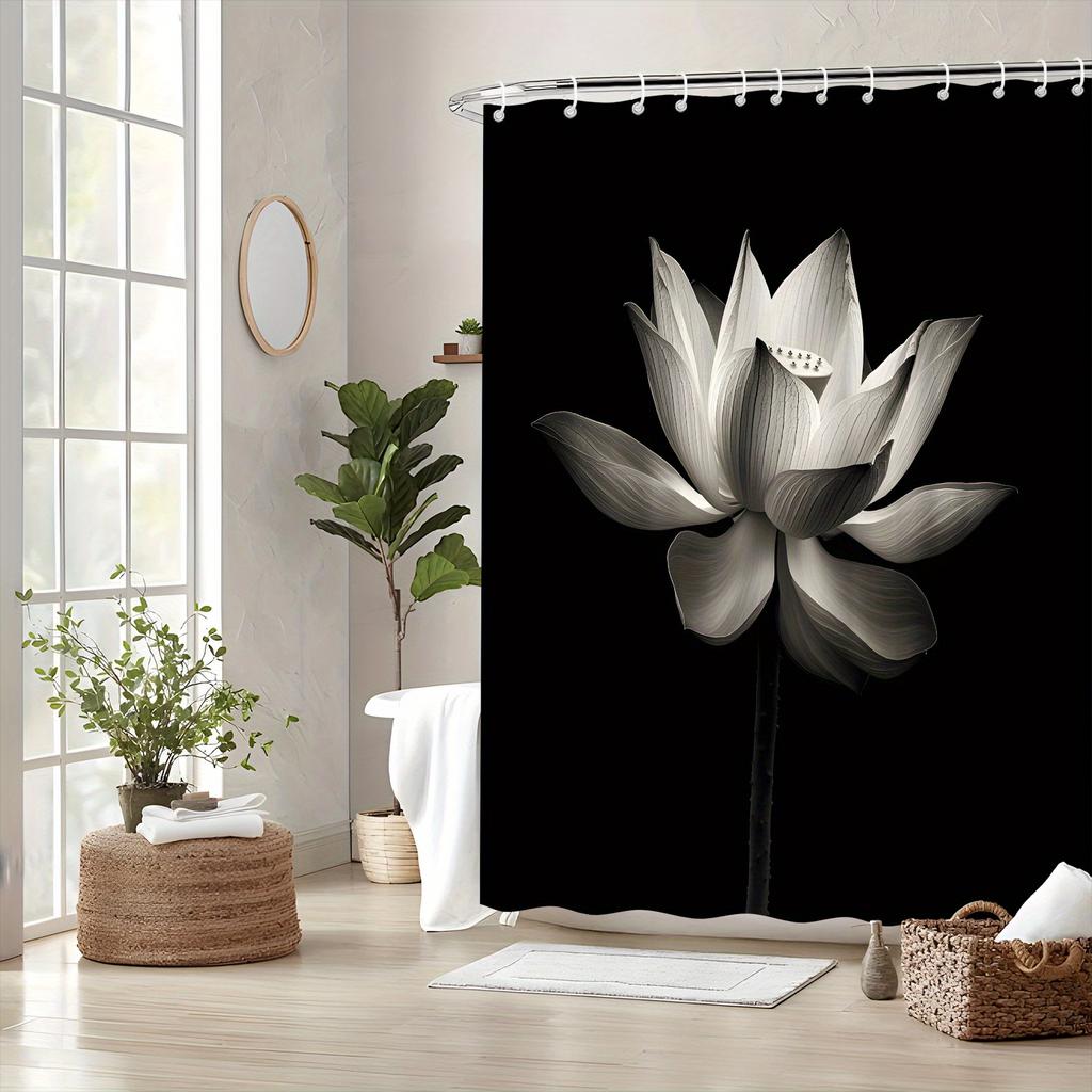 1pc Black and White Photograph of Delicate Lotus Flower in Full Bloom Shower Curtain, Minimalist Design with Subtle Gradients