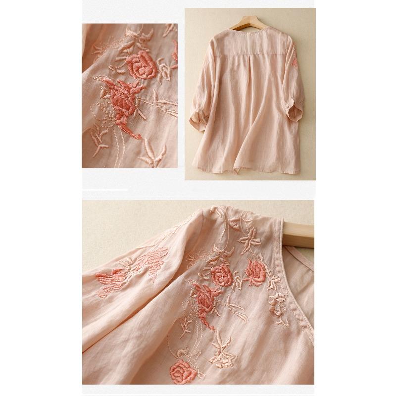 New Summer Style 700-quarter Sleeve Embroidered Shirt for Women's Literary Retro Loose Embroidered Cotton and Linen Top