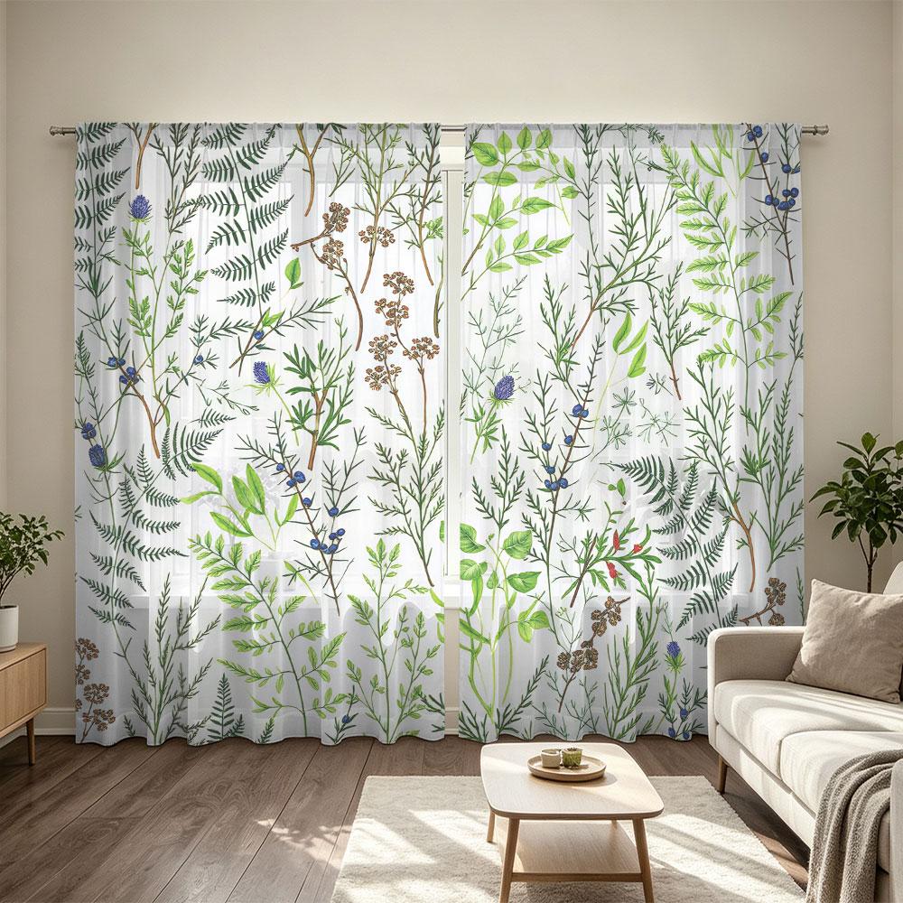 2Pcs Rod Pocket Curtain Light Block Privacy Drape Living Bedroom Fresh Herb Plant Painting Print Window Curtain For Home Deco