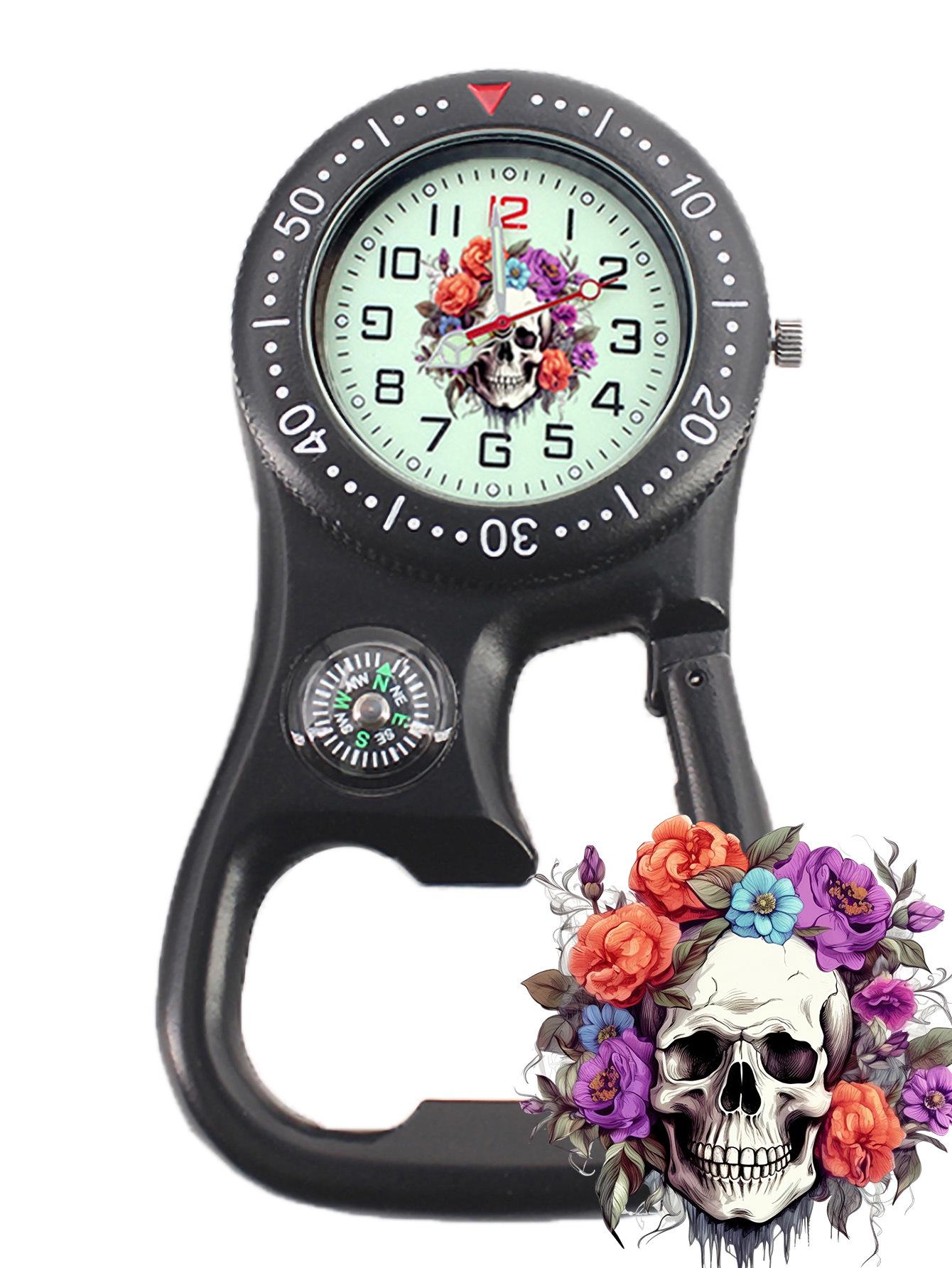 

Светящиеся часы-карабин с компасом, открывалкой для бутылок и спиральным зажимом для рюкзака для активного отдыха и скалолазания.