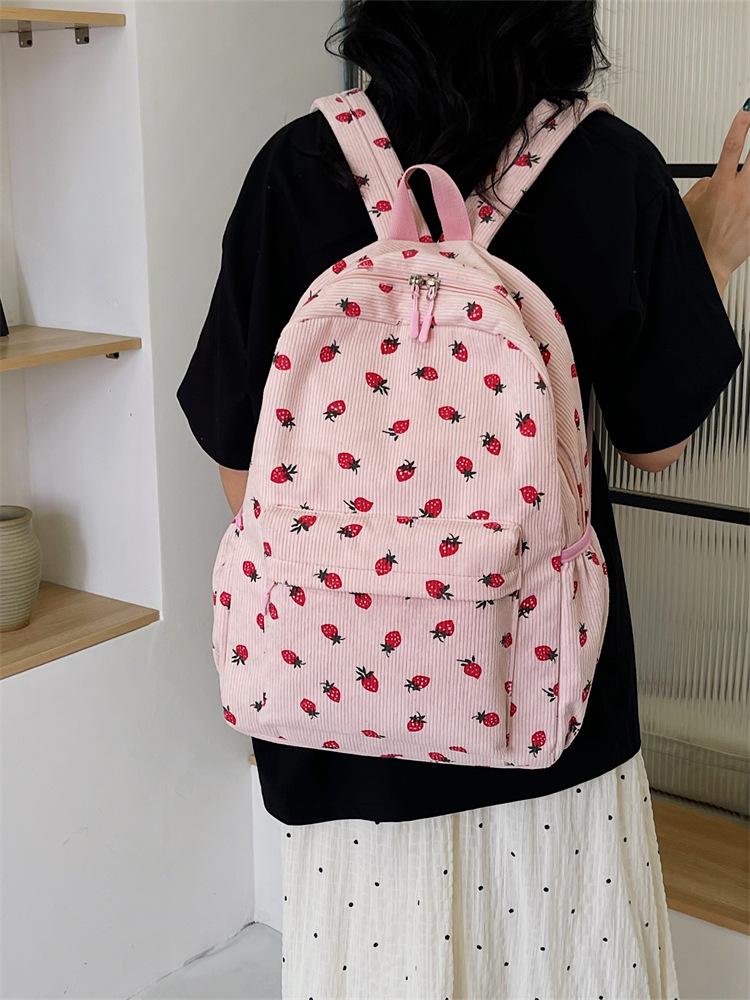 Schoolbag Strawberry Corduroy Backpack Small Fresh College Student Women's School Bag Fashion Casual Versatile Backpack Cute Bag