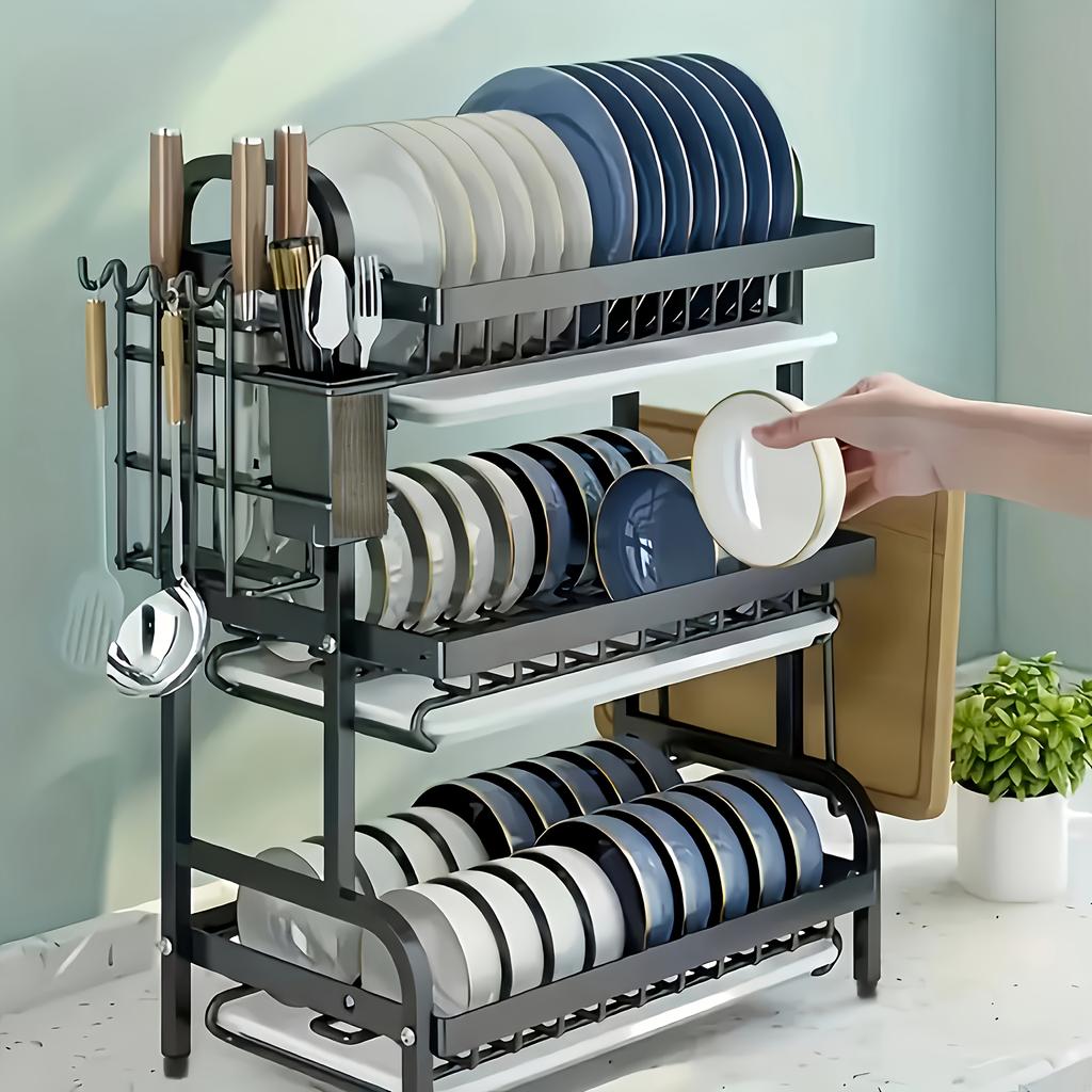 1pc 2/3-Tier Dish Rack for Kitchen Counter,Dish Racks with Drainboard for Kitchen Countertop,Metal Dish Drainer with Utensil Holders