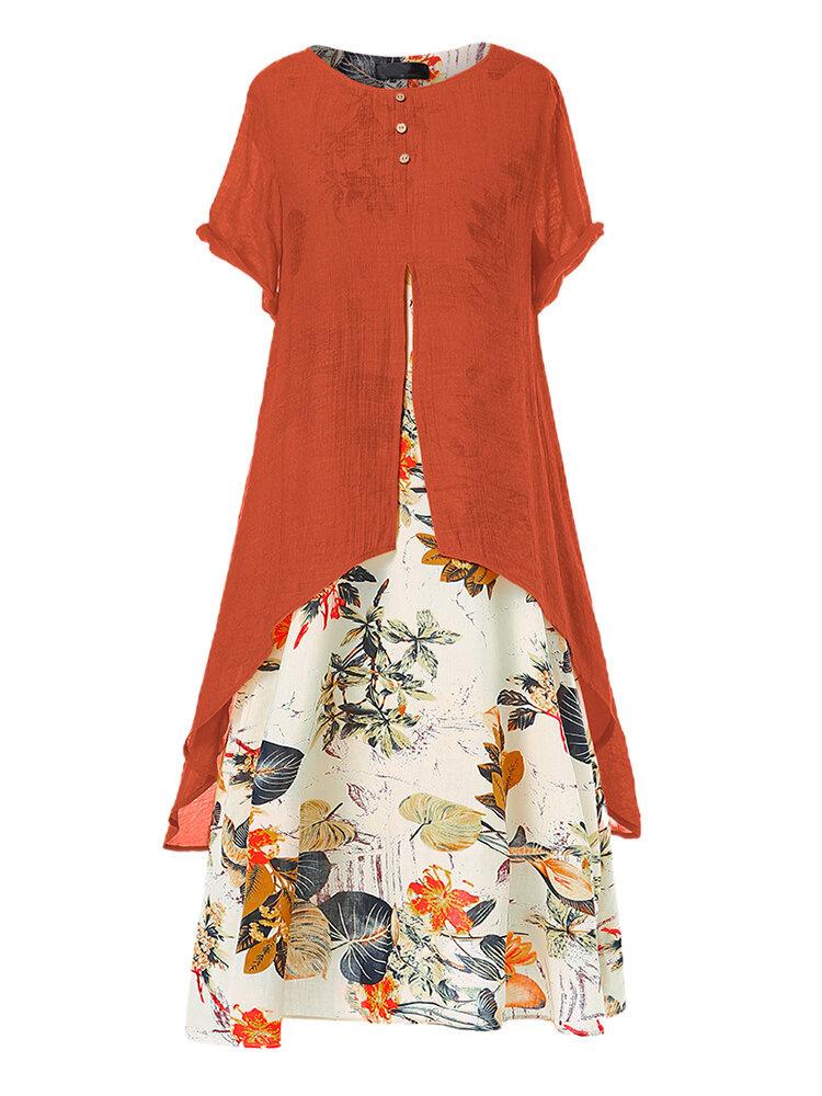 Neues Baumwoll- und Leinen-Druck-Rundhals-Fake-Zweiteiler-Kurzarmkleidrock