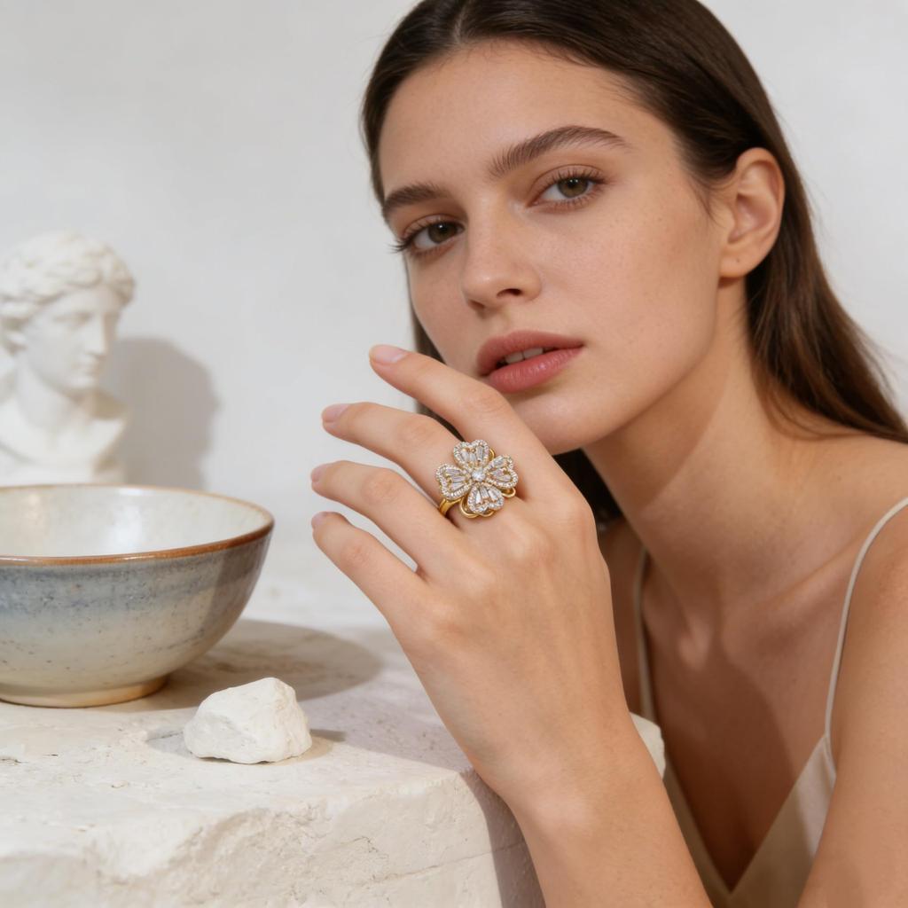Zirconia Rotatable Flower Ring for Women - Niche Fashion, Light Luxury, Cool Style, Stress Relief, Open Design