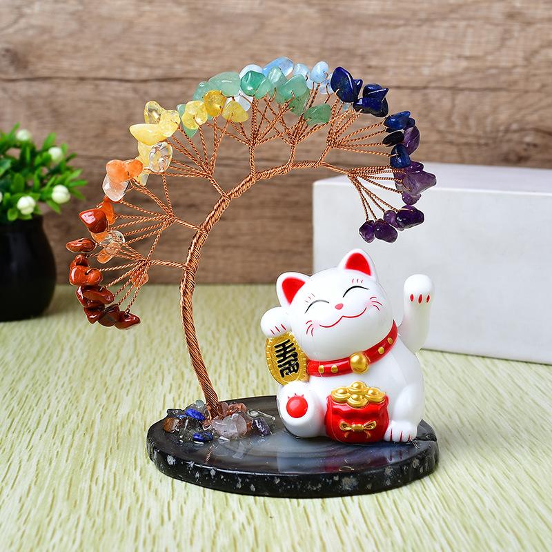 Solar Energy Shake Hands Lucky Cat Base Fate Tree Office Home Natural Crystal Crushed Stone Life Tree Handwoven Weaving Decor