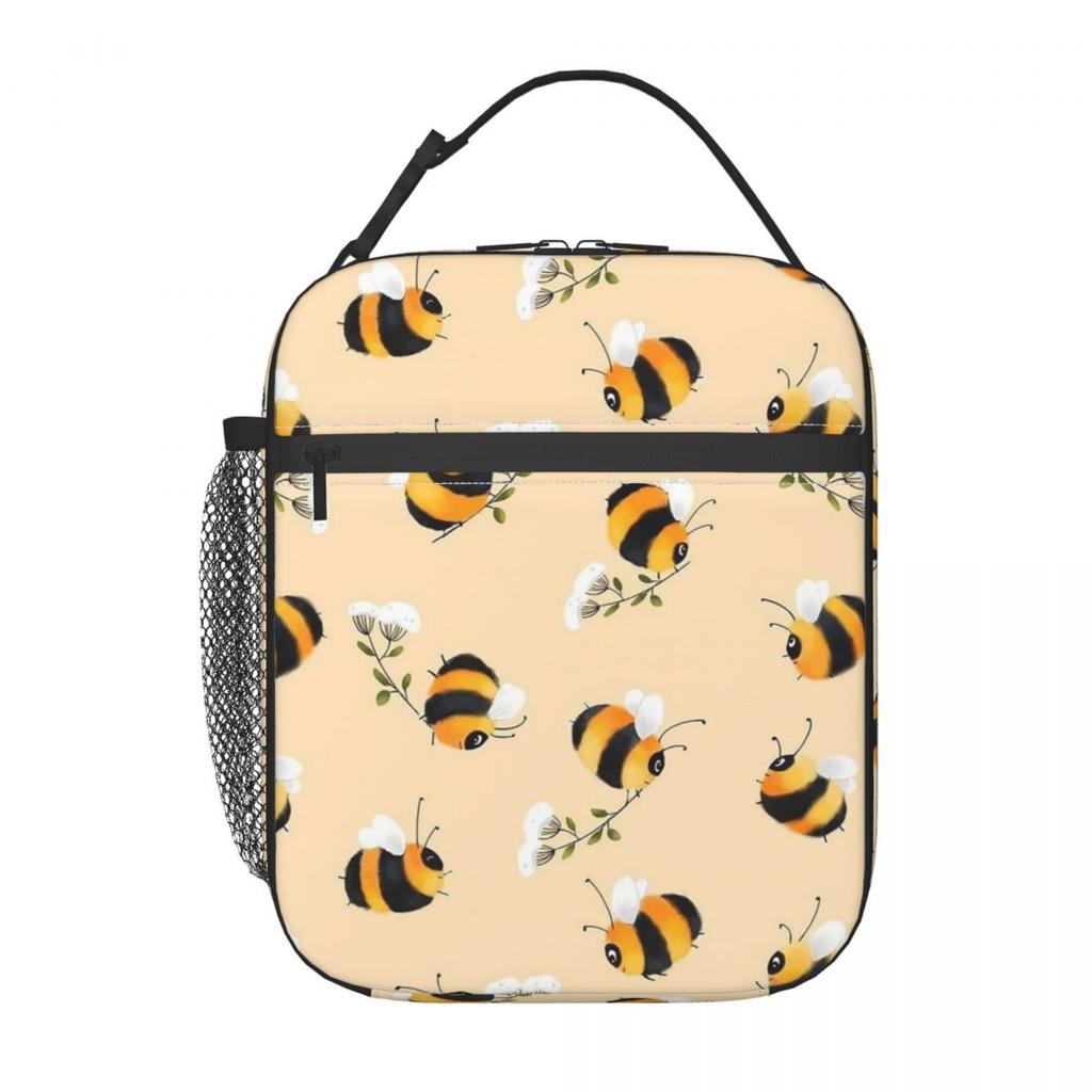The Pattern Of Bees Picking Flowers Insulated Lunch Bag for Women Kids Portable Food Boxes Thermal Lunch Box Tote