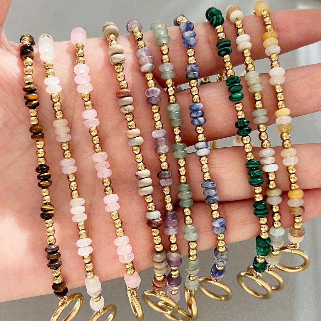 Handmade Bohemian Stone Bead Bracelet with Stainless Steel Chain for Women