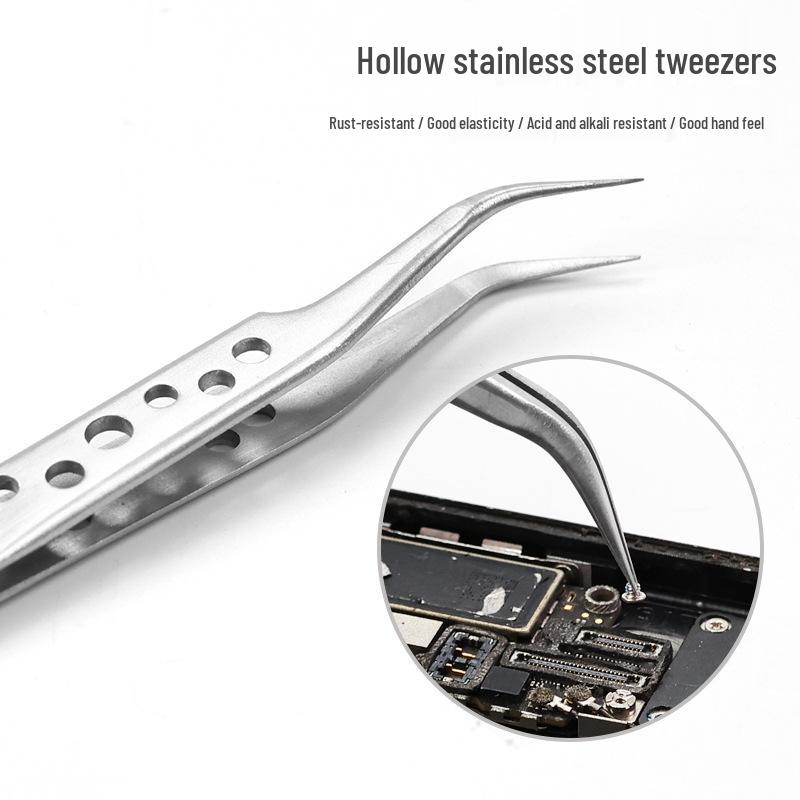 High-Grade Nine-Hole Stainless Steel Jewelry Tweezers: Bent & Straight, Long Thin Tip for Gems, Nails, and Eyebrows