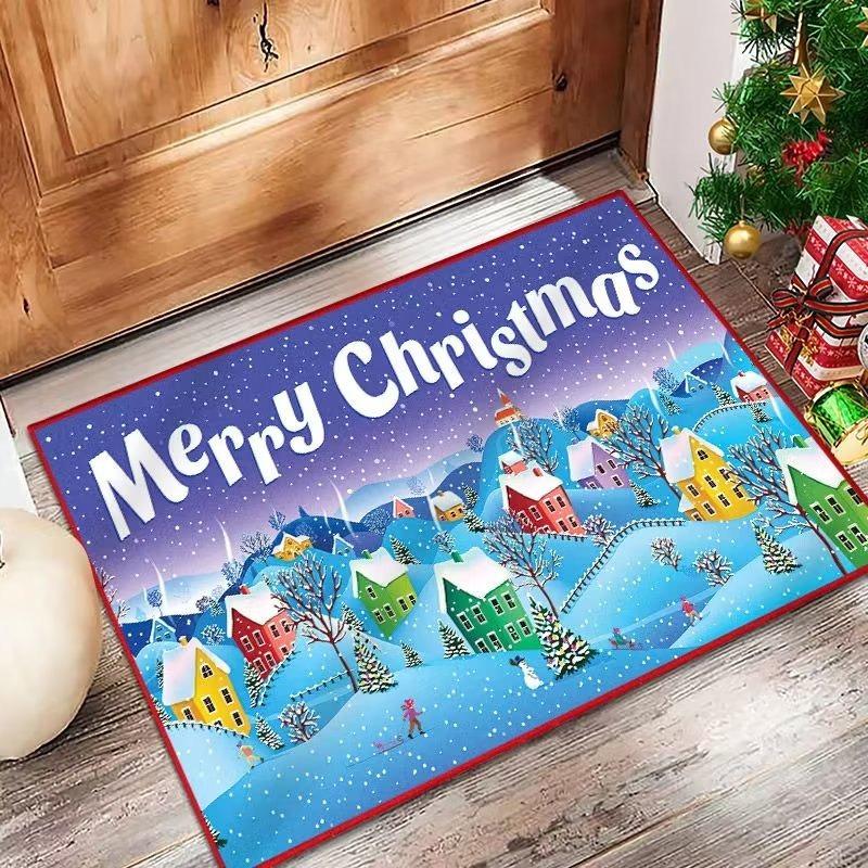 Christmas Theme Door Mat With Festive Tree Branches Gift Snowflake Patterns Soft Decorative Entryway Rug For Xmas New Year Decor