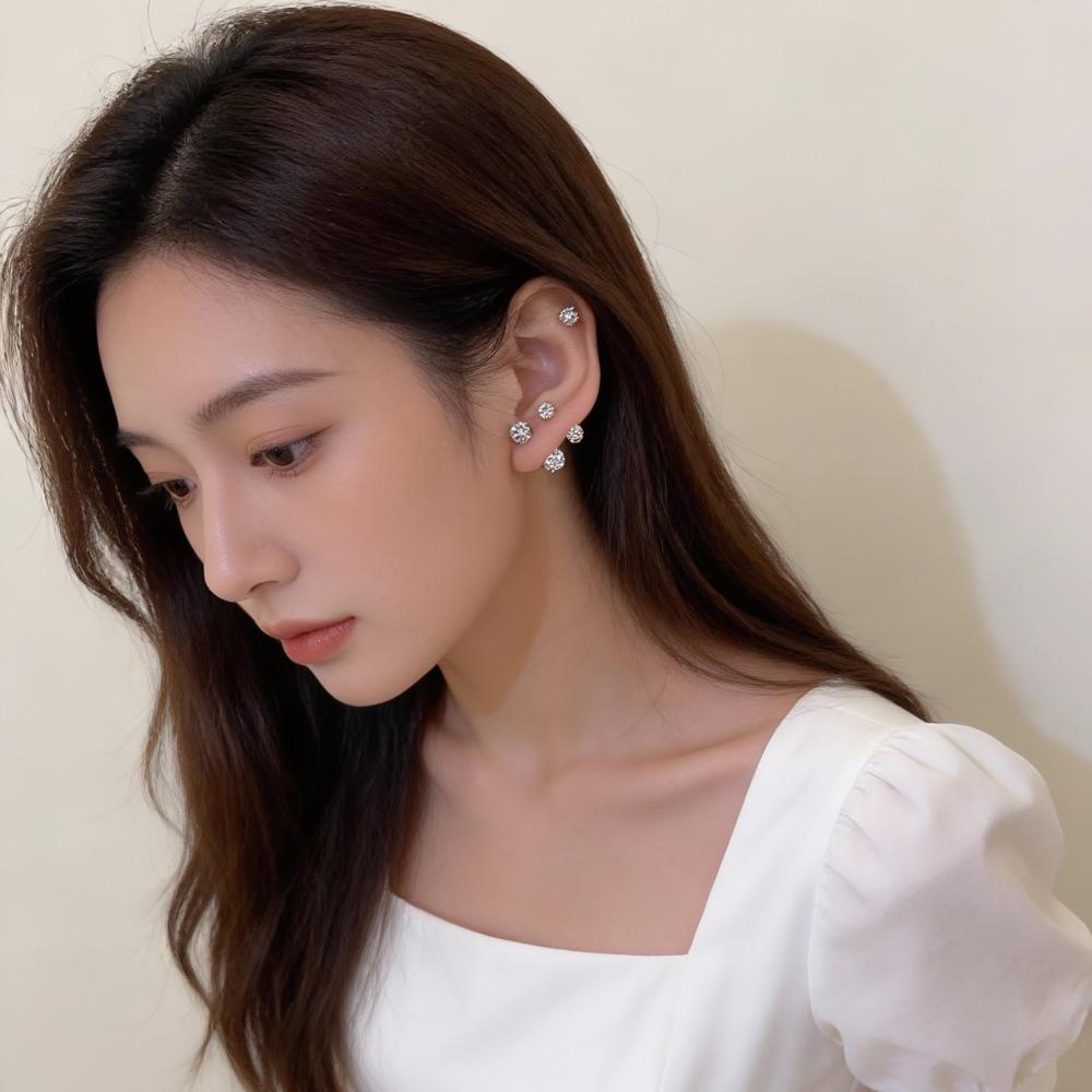 Double-Headed Rhinestone Round Ball Stud Earrings for Women, Luxe Versatile Ear Cartilage Studs, Super Shiny High-End Screw Earrings