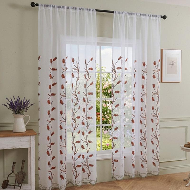 Rod Pocket Design Semi Sheer Curtain Easy Installation Wheat Embroidered Voile Drape Light Filtering for Home Decors