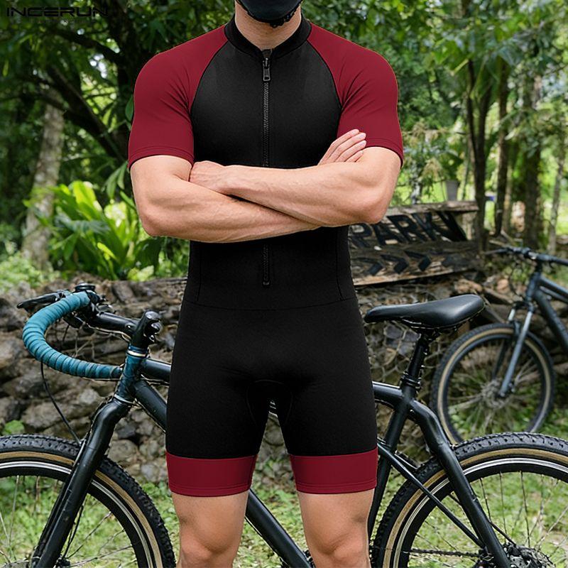 INCERUN Men's Short Sleeve Front Zipper One-Piece Biking Bodysuit Skinsuit Jumpsuits Rompers