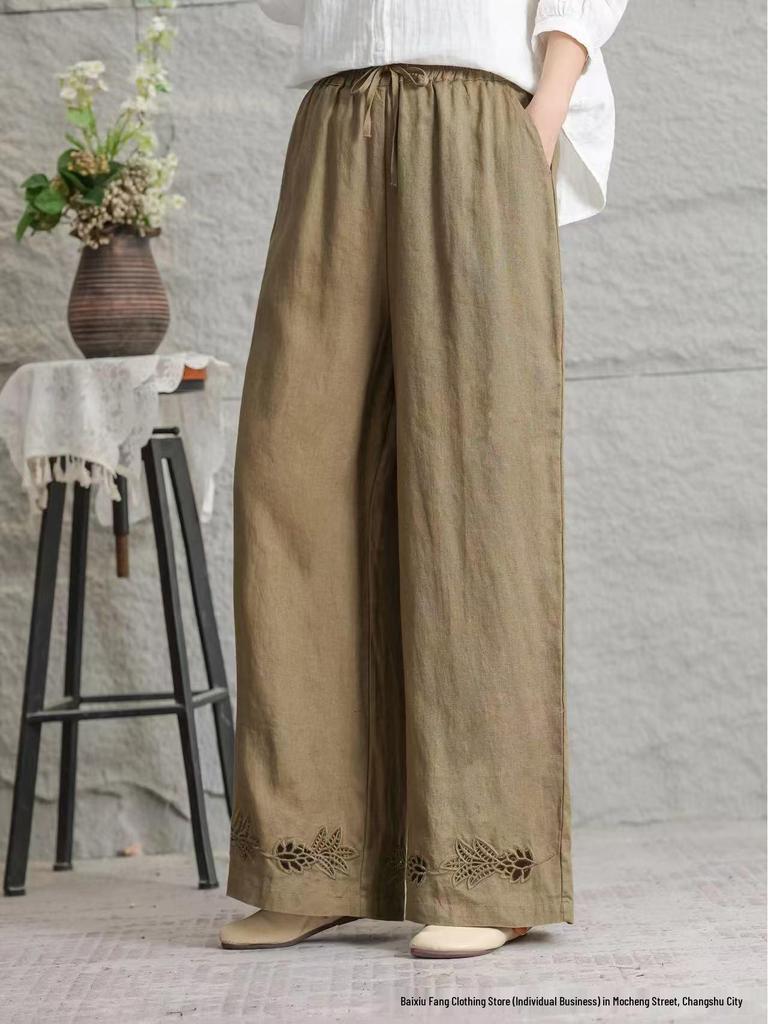 2026 Women's Summer Linen Wide-Leg Straight-Leg Slimming Casual Pants - Lightweight, Breathable, Large Size, Simple Fashion