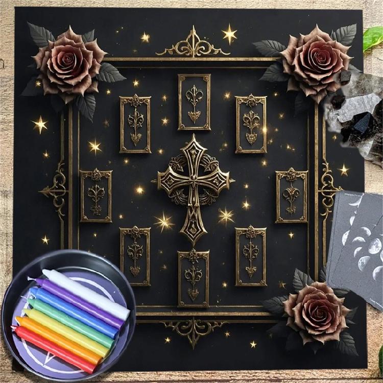 Crosses Rose Pattern Tarots Card Tablecloth Altars Cloth Altars Cloth Divinations Card Table Cloth Tapestry Easy Use