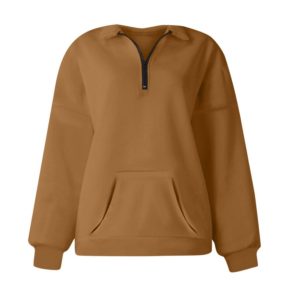 Women's Casual Fashion Long Sleeve Solid Color Zip Pocket Sweatshirt Top