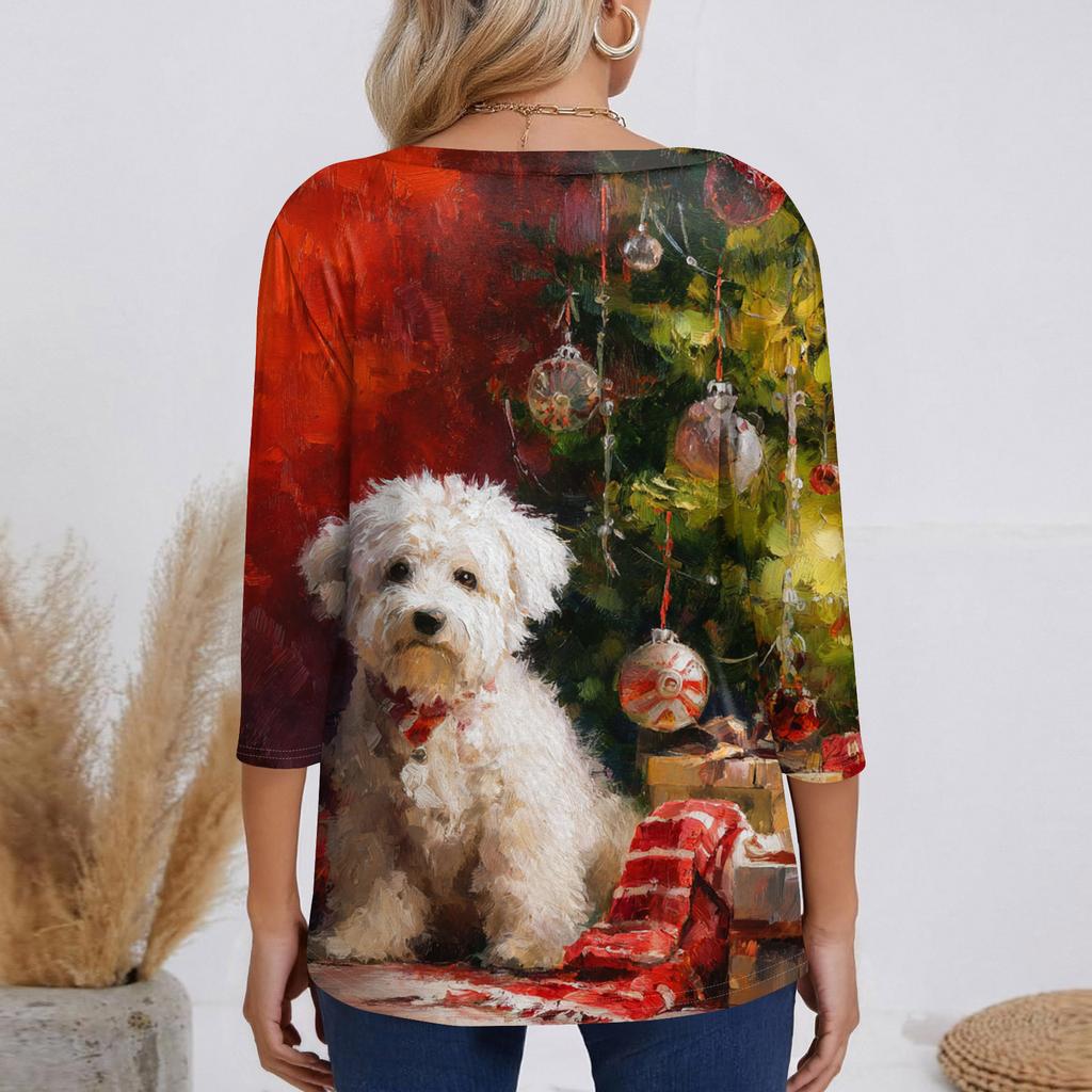 3/4 Sleeve Shirts For Women Print Christmas Tees Blouses Casual Plus Size Basic Tops Pullover