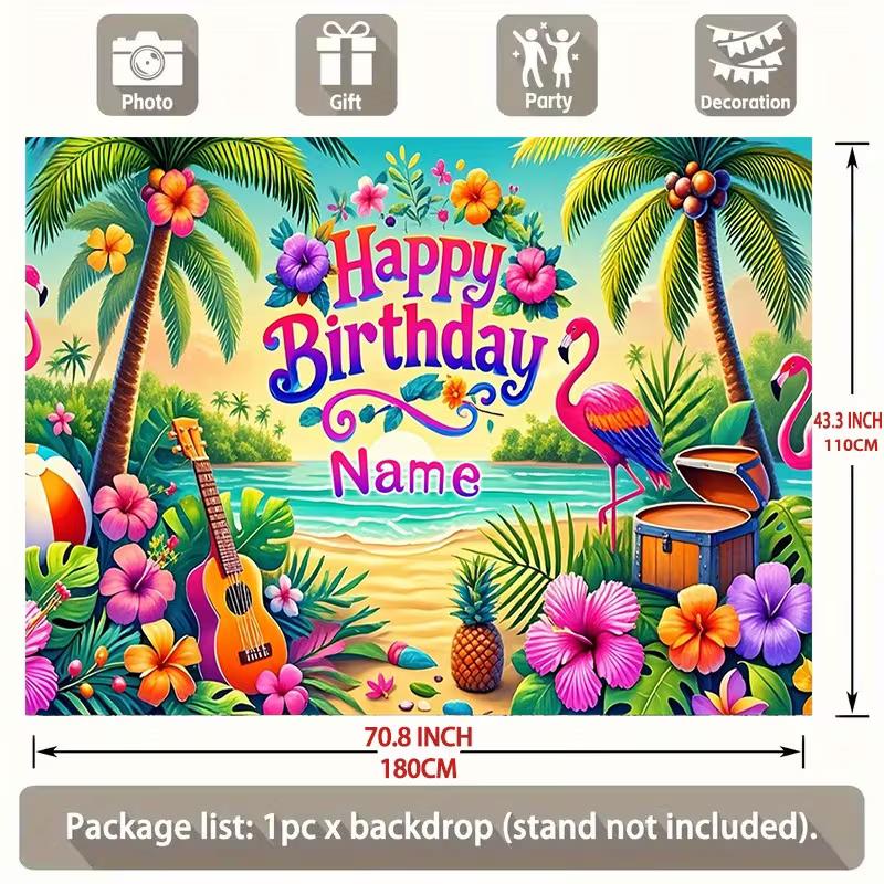 2D Customizable Name Tropical Flamingo Birthday Backdrop Beach Palm Tree Background Banner for Kids Party