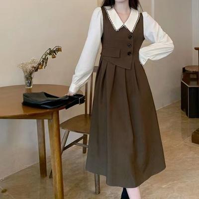 Doll Collar Vest Patchwork Fake Two Piece Dress Chubby Sister Looks Thin Artistic Style Long Skirt
