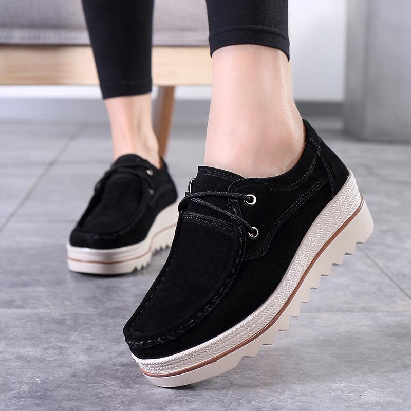 Fashion Lace-up Platform Shoes Genuine Leather Rocker Shoes Slip-on Loafers Elegant Mother Shoes Working Walking Footwear