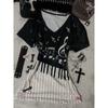TrendHub Y2K Gothic Music Tee  Piano Keyboard & Musical Notes Print V-Neck T-Shirt for Women 2000s Grunge Japanese E-girls Retro Tees
