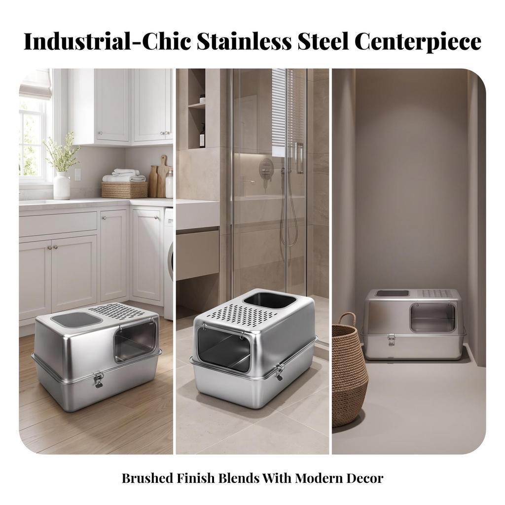 Enclosed Cat Litter Box Scratch-Resistant Stainless Steel Pet Supply
