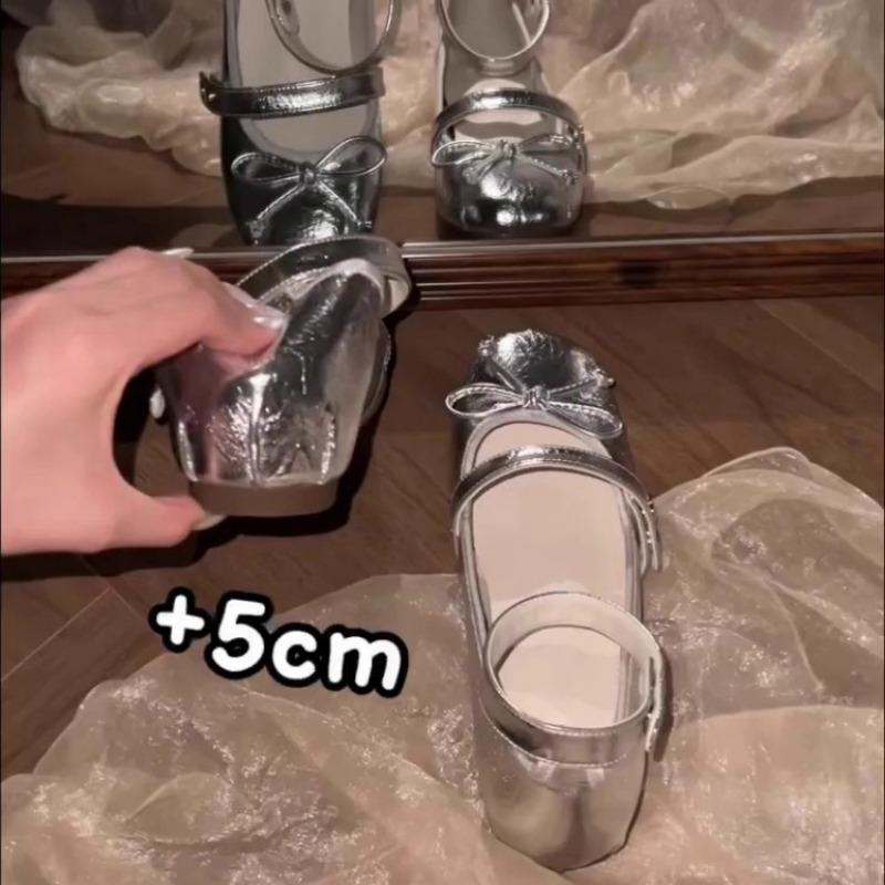 Sheepskin version~ Invisible inner height increase 5CM Mary Jane shoes New small bow light mouth single shoes