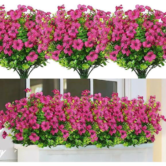 SOMYTING Artificial Azalea Flowers Outdoor 8 Bundles Fake Flowers Faux Plastic Eucalyptus Plants UV Resistant Silk Flower Shrubs for Garden Porch