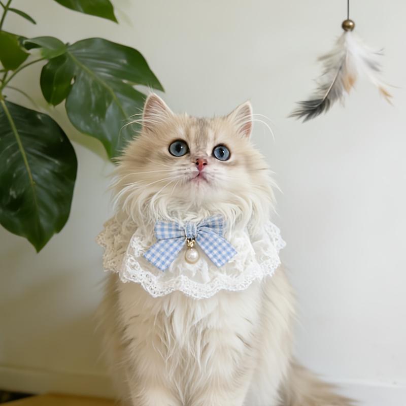 Pearl Bow Lace Pet Scarf, Checkered Adjustable Collar for Cats & Dogs, Party Photo Accessory