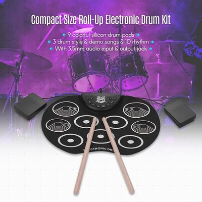 Set de tobe roll-up de dimensiuni portabile Kit de tobe electronice 9 tampoane de tobe din silicon Alimentat cu USB/baterie