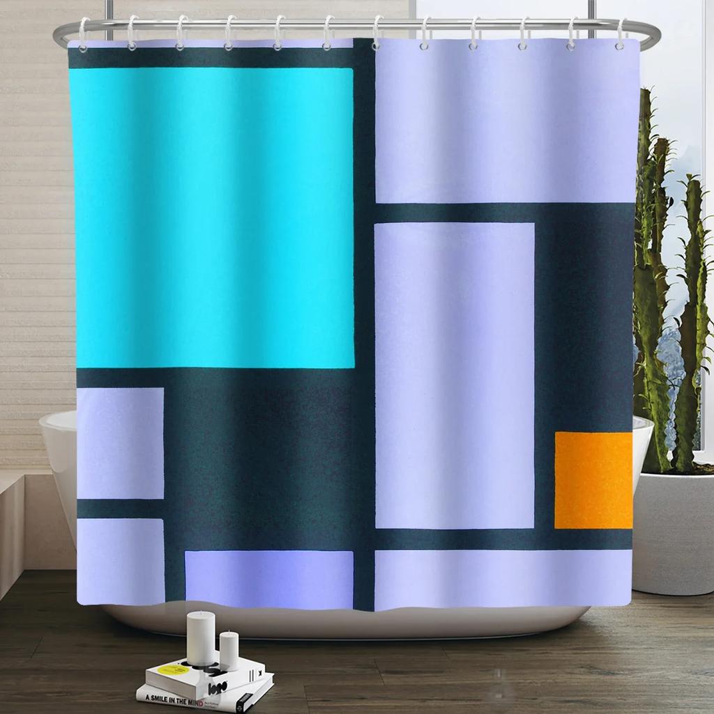 Modern Geometric Shower Curtain Blue Waterproof Shower Curtains Polyester Bath Curtain Bathroom Textured Fabric Machine Washable