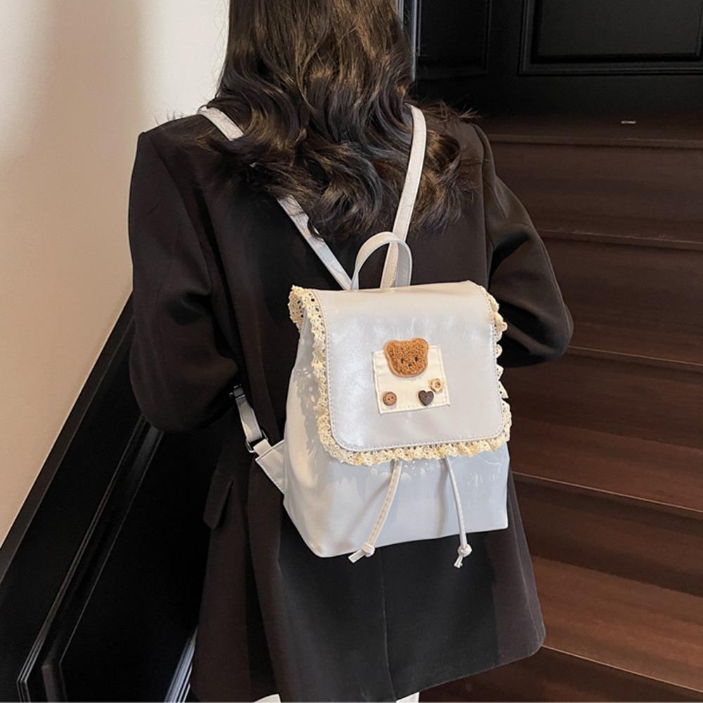 Ruffled Lace Drawstring Backpack Ballet Style Cute Bear Knapsack Sweet Fashion Backpack  Girls