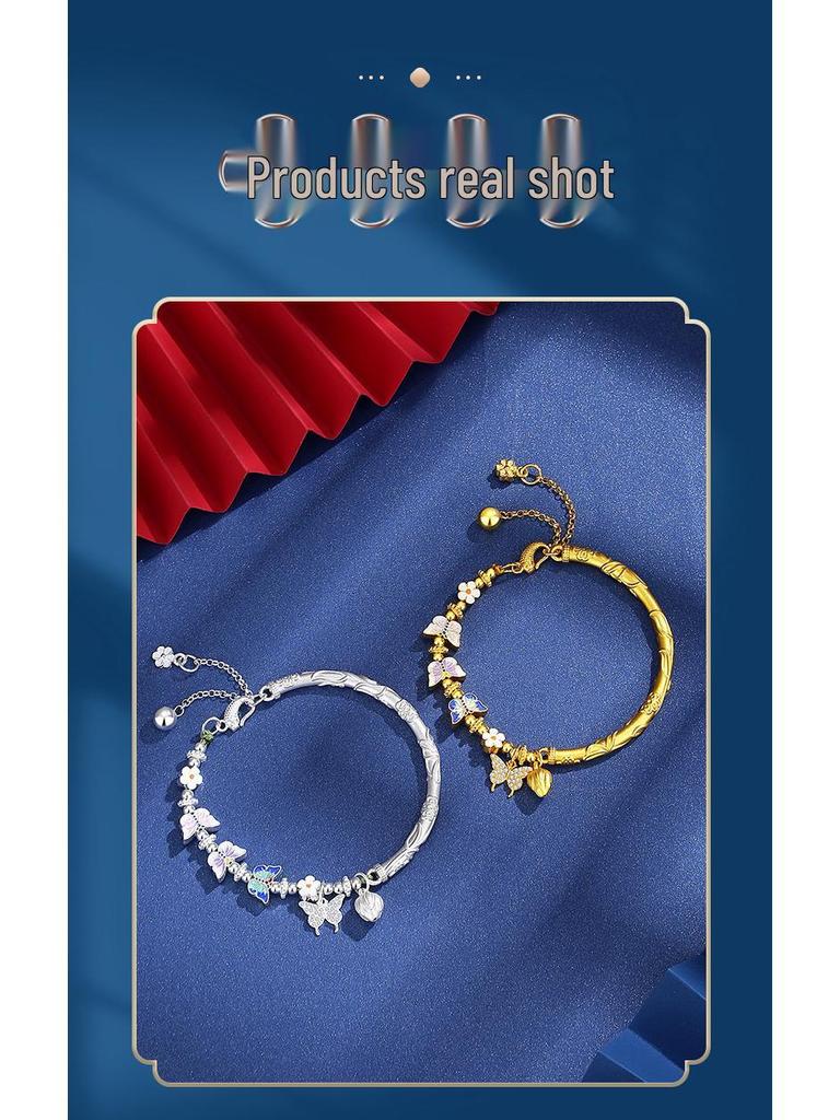 925 Sterling Silver Small Flower Butterfly Half-Bangle Half-Chain Bracelet - Light Luxury, High-End New Chinese National Style