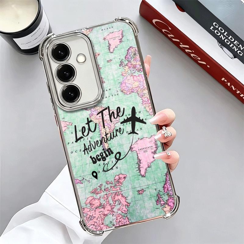 Travel Map Artistic Pattern Plating Phone Case For Samsung A17 A07 A37 A57 A16 A56 A15 A55 A14 A54 A13 A53 A26 A36 A25 A35 A24 A