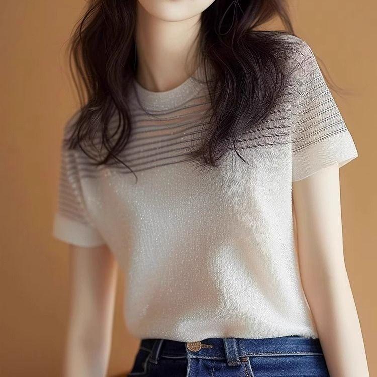 

Женская полосатая футболка с коротким рукавом, летняя трикотажная рубашка из шелка с круглым вырезом, уникальный и неповторимый дизайн топа XL