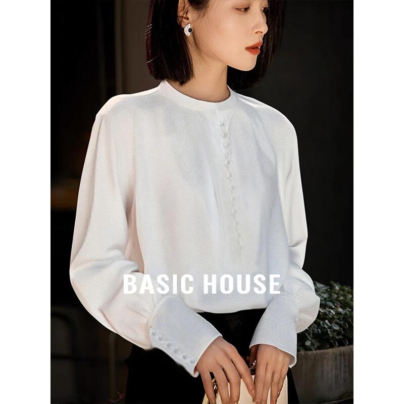 Basic House Women s French Retro Stand-Collar Long Sleeve Shirt M